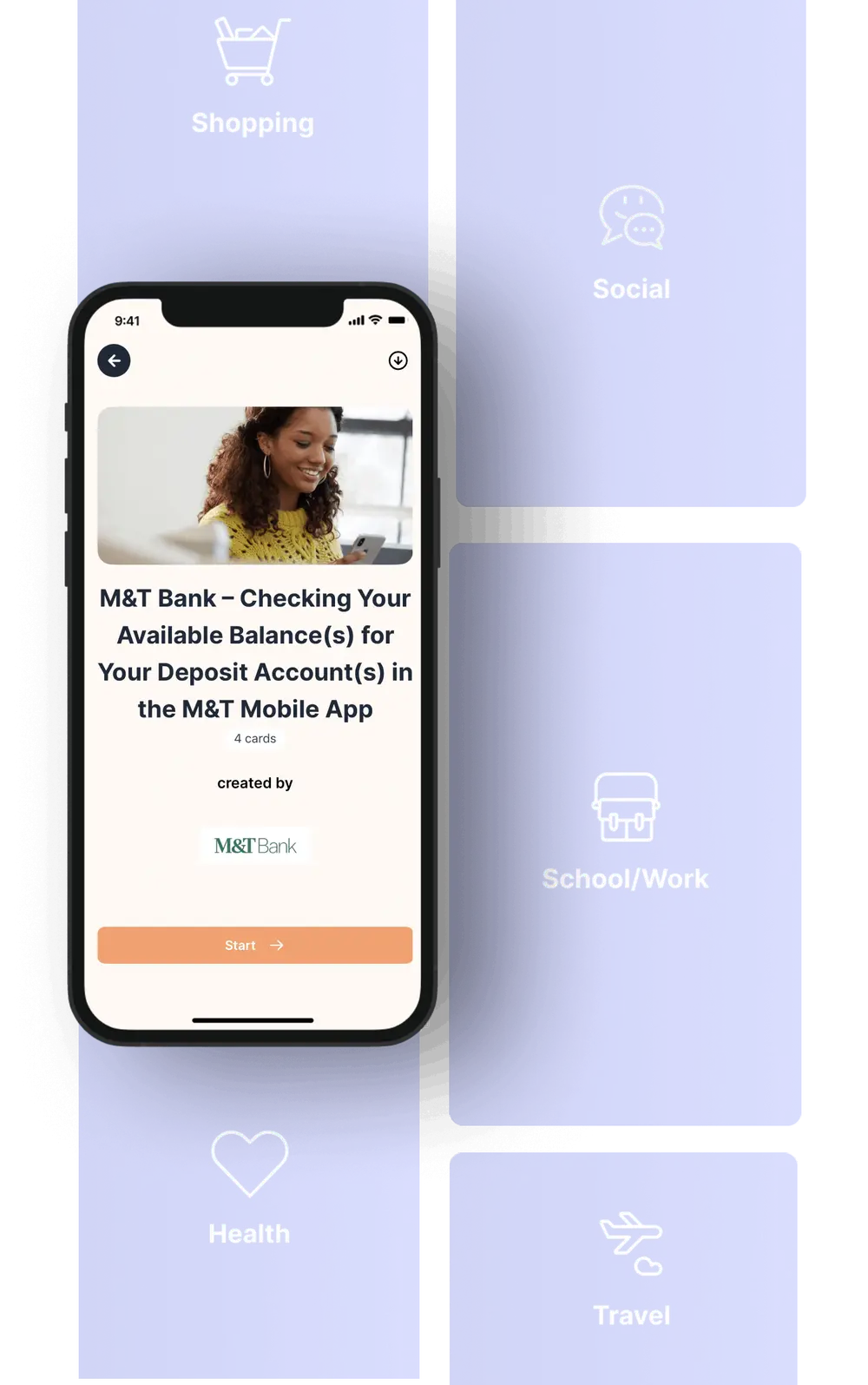 The MagnusCards app open on an M&T Bank Card Deck, among category tiles for Shopping, Social, School/Work, Health and Travel