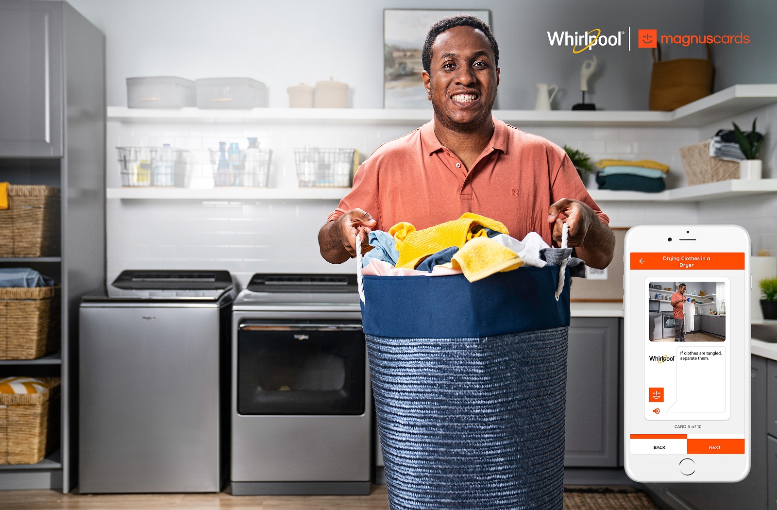 Young man doing laundry with support from the MagnusCards app.