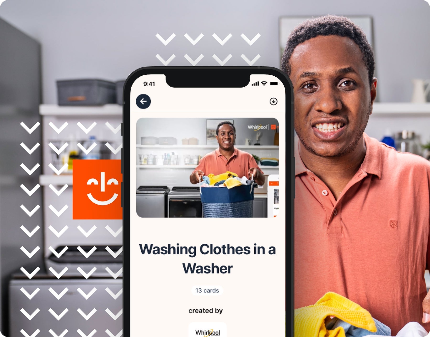 Young man smiling while doing laundry in background. In foreground an image of a Whirlpool instructional Card Deck showing in the MagnusCards app
