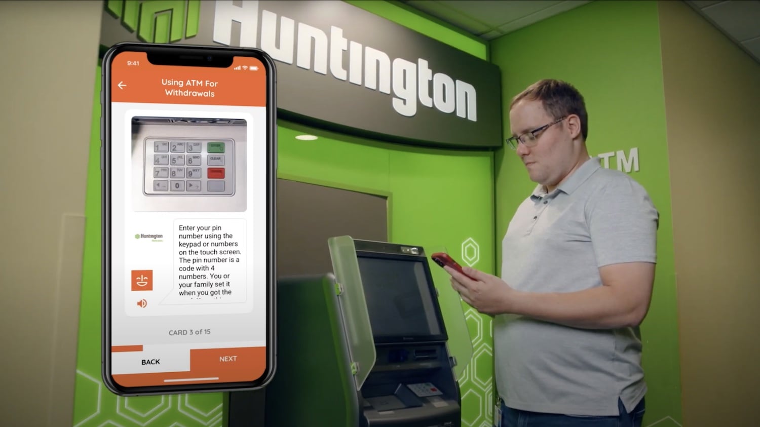 Man uses MagnusCards app to prepare for activity involving Huntington Bank ATM.