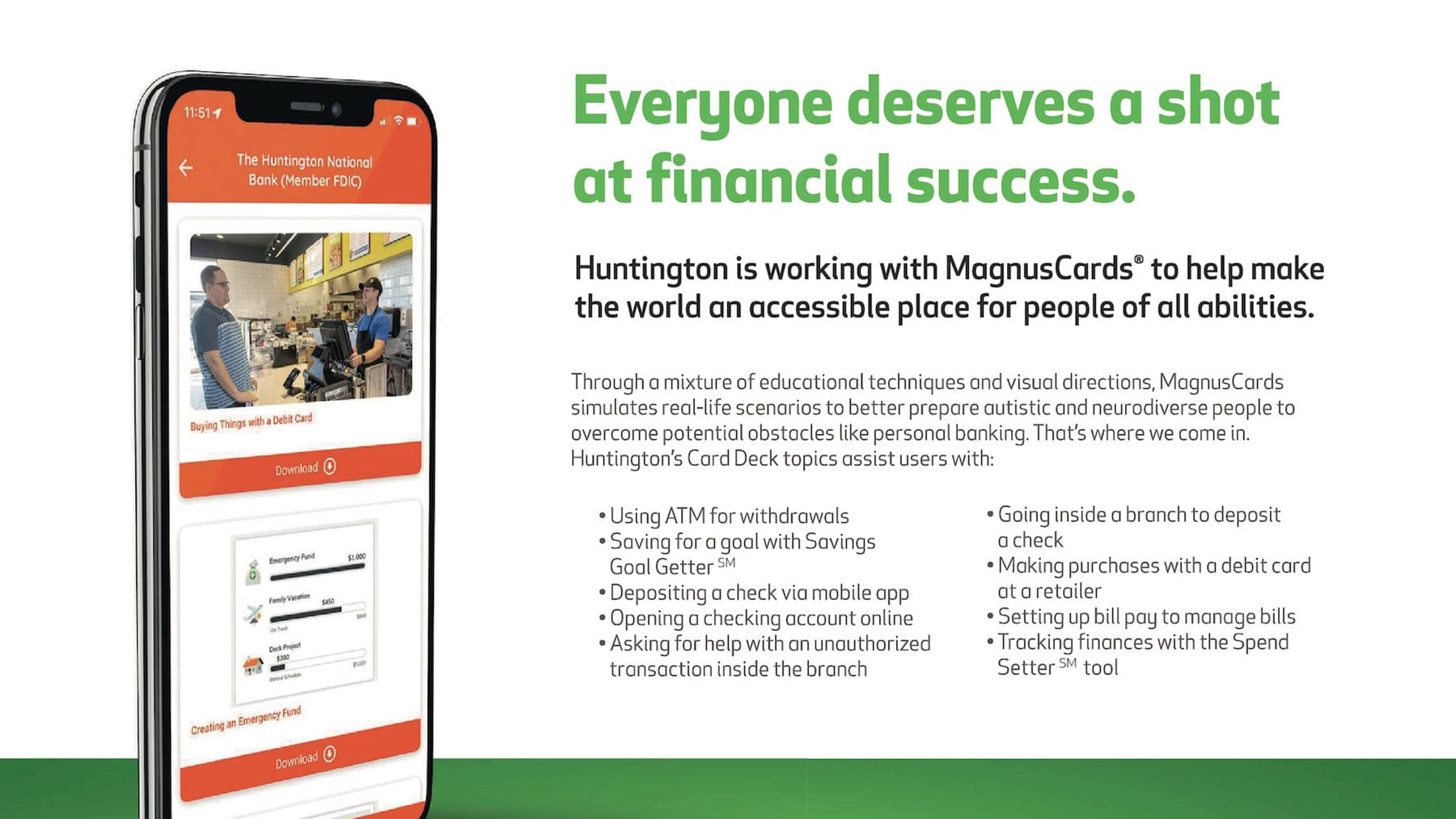 Huntington National Bank in the MagnusCards app promotional material showcasing all the different Card Decks available to support money skills for autistic and neurodiverse individuals