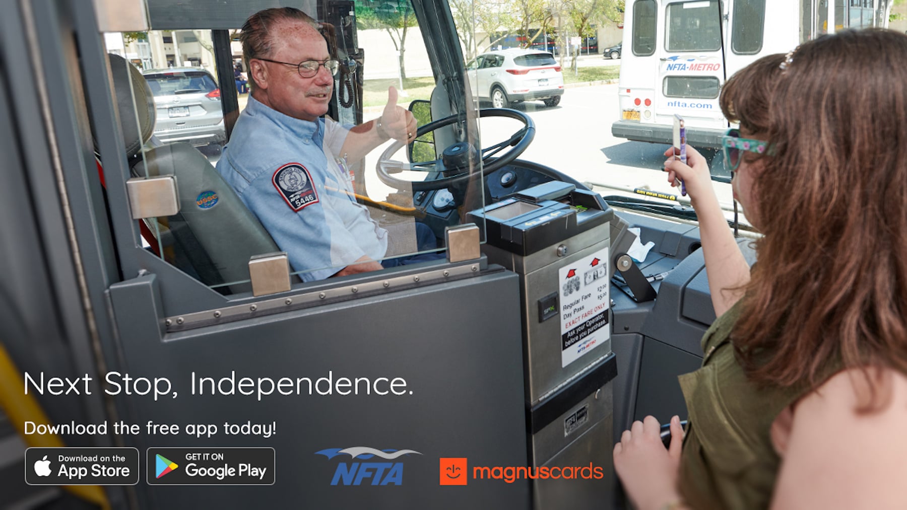 MagnusCards and Niagara Frontier Transit Authority partnership ad featuring a young woman boarding a bus independently.